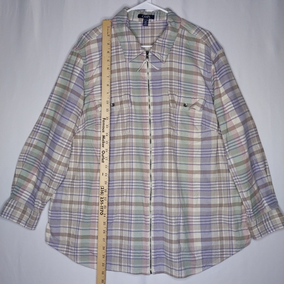 Chaps Flannel Plaid Shirt Women 2XL Zip Collar Purple Beige Pastel Multicolor XX - Picture 5 of 10